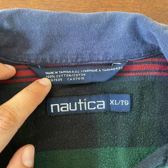 VTG Nautica Shirt Mens XL Blue Vertical Plaid Colorblock 90s Logo Twill - Picture 5 of 9
